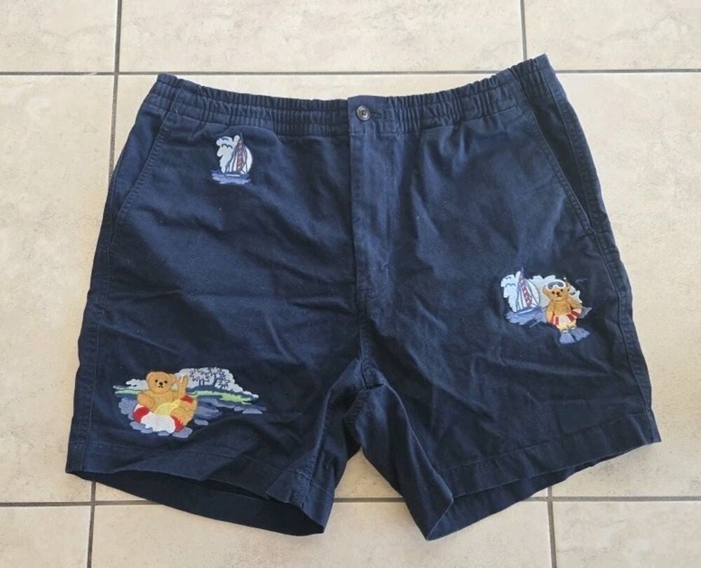 Polo Ralph Lauren Embroidered Vacation Bear Navy Chino Teddy Shorts Mens Size XL
